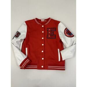 Kids Red and White Varsity-Style Letterman Jacket with Patch Details